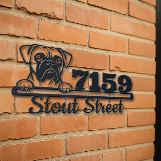 Personalized boxer address sign with house number and street name in metal - product view 3