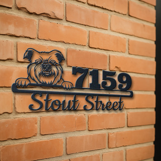 Personalized brussels griffon address sign with house number and street name in metal - product view 3