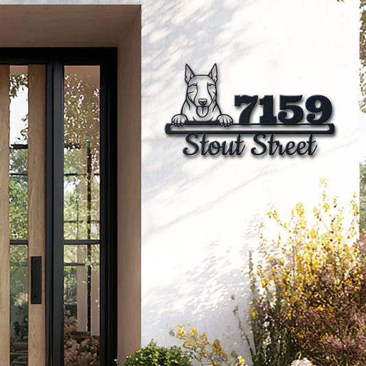 Personalized bull terrier address sign with house number and street name in metal - product view 2