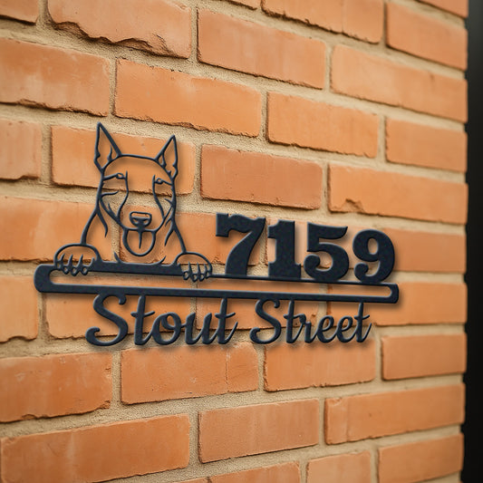 Personalized bull terrier address sign with house number and street name in metal - product view 3