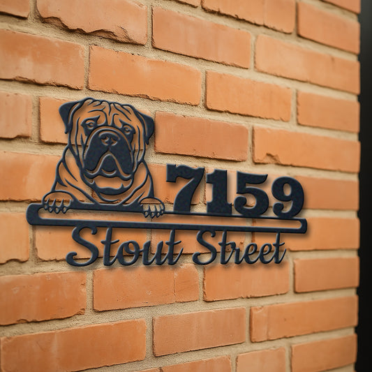 Personalized bullmastiff address sign with house number and street name in metal - product view 3