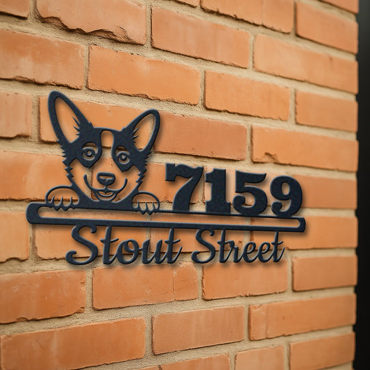Personalized cadigan welsh corgi address sign with house number and street name in metal - product view 3