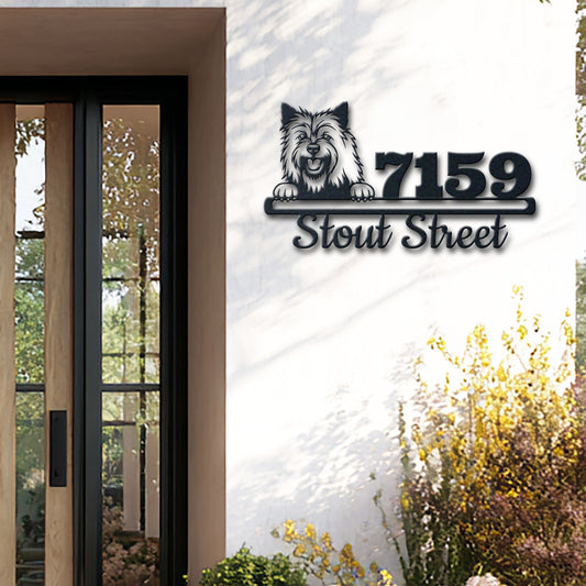 Personalized cairn terrier address sign with house number and street name in metal - product view 2
