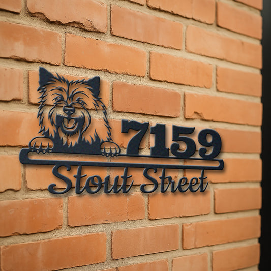 Personalized cairn terrier address sign with house number and street name in metal - product view 3