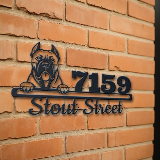 Personalized cane corso address sign with house number and street name in metal - product view 3