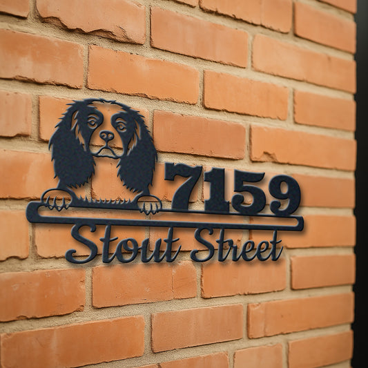Personalized cavalier address sign with house number and street name in metal - product view 3