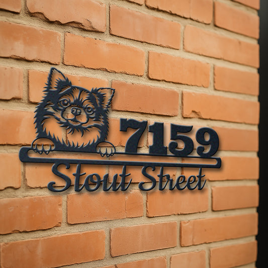 Personalized chihuahua longhair address sign with house number and street name in metal - product view 3