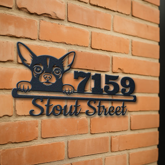 Personalized chihuahua address sign with house number and street name in metal - product view 3