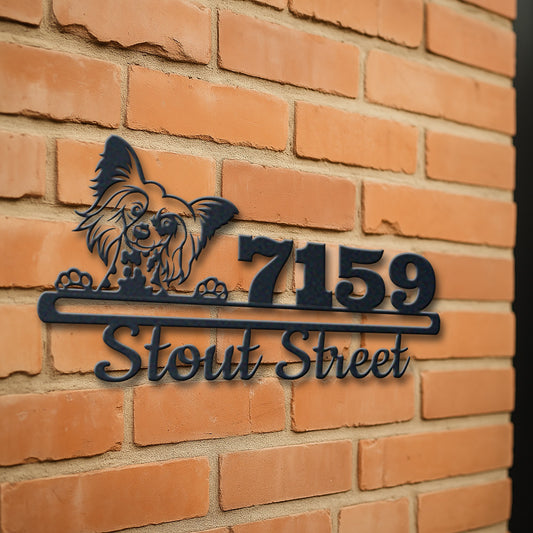 Personalized chinese crested address sign with house number and street name in metal - product view 3