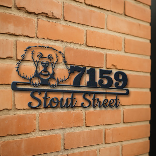 Personalized cocker spaniel address sign with house number and street name in metal - product view 3
