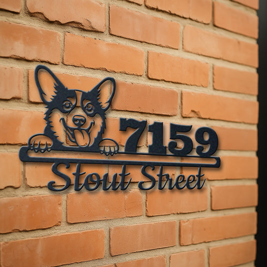 Personalized corgi address sign with house number and street name in metal - product view 3