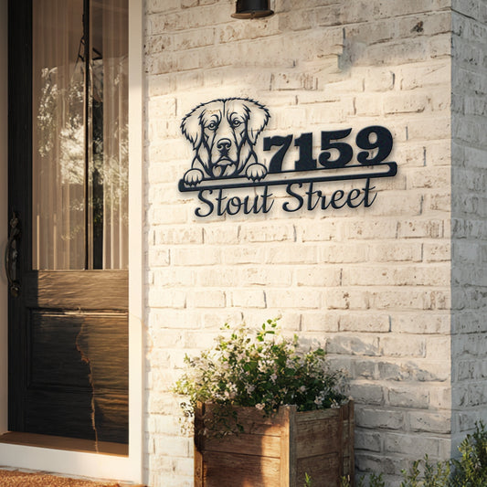 Personalized dog address sign with house number, metal – front view