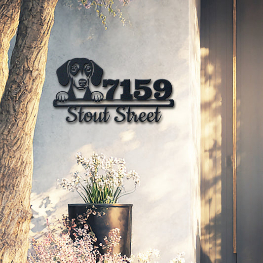 Personalized dachshund address sign with house number and street name in metal