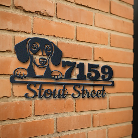 Personalized dachshund address sign with house number and street name in metal - product view 3