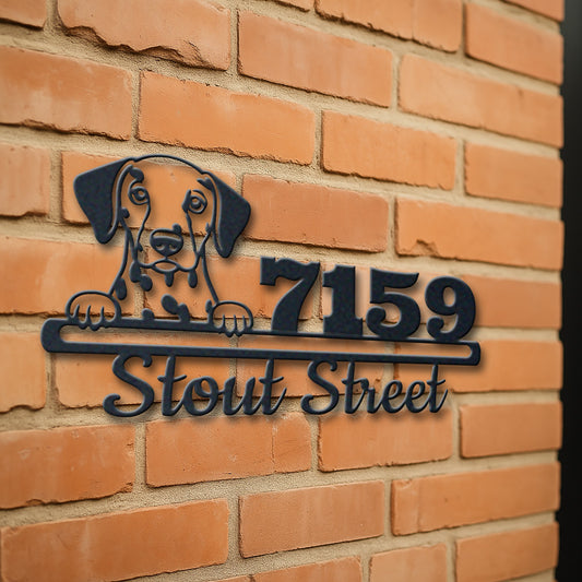 Personalized dalmatian address sign with house number and street name in metal - product view 3