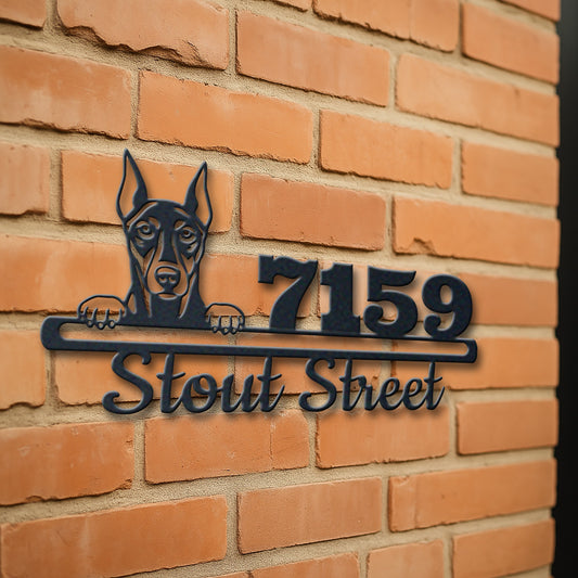 Personalized doberman pinscher address sign with house number and street name in metal - product view 3