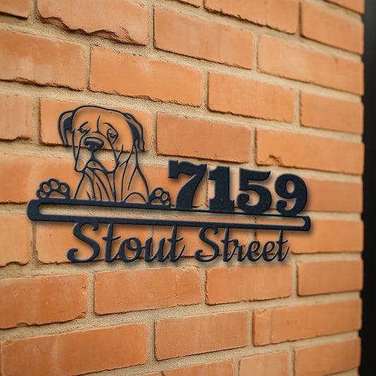 Personalized dogo argentino address sign with house number and street name in metal - product view 3
