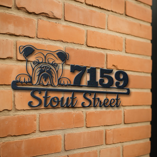 Personalized english bulldog address sign with house number and street name in metal - product view 3
