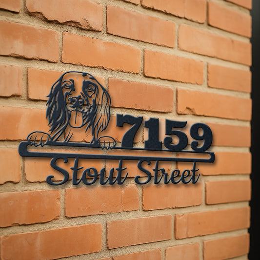 Personalized english setter address sign with house number and street name in metal - product view 3