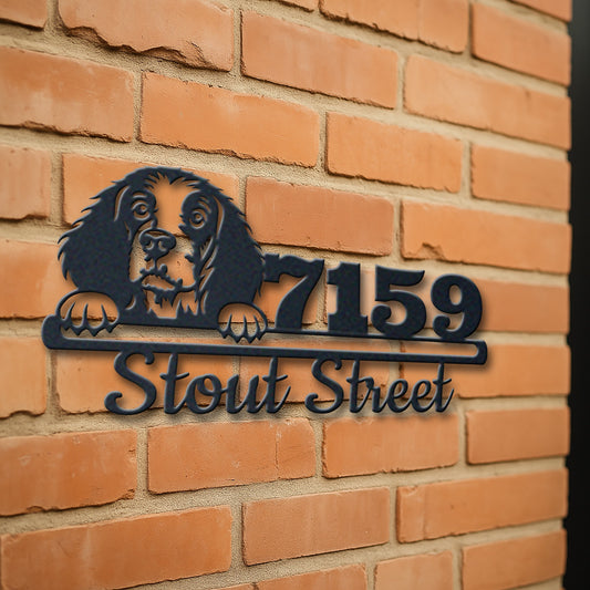 Personalized english springer spaniel address sign with house number and street name in metal - product view 3