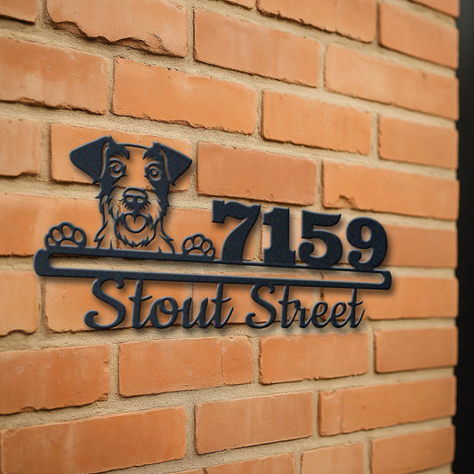 Personalized fox terrier address sign with house number and street name in metal - product view 3