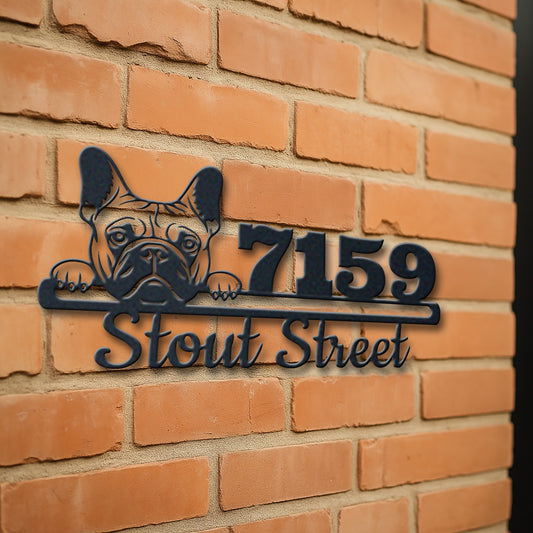 Personalized french bulldog address sign with house number and street name in metal - product view 3