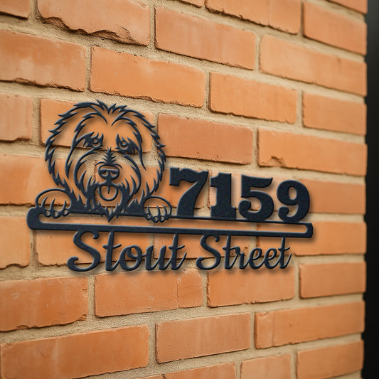 Personalized golden poodle address sign with house number and street name in metal - product view 3