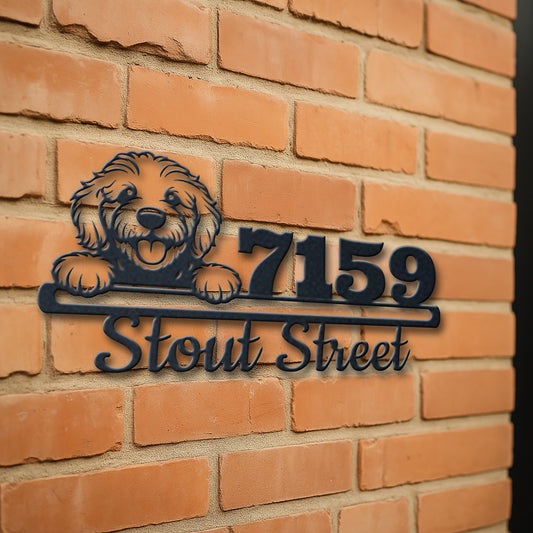 Personalized goldendoodle address sign with house number and street name in metal - product view 3
