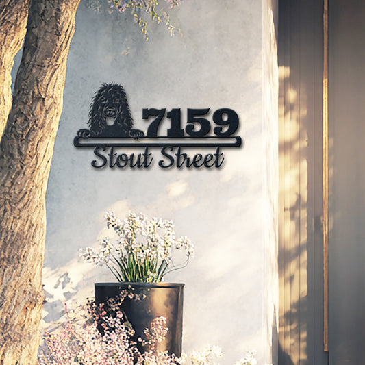 Personalized irish water spaniel address sign with house number and street name in metal