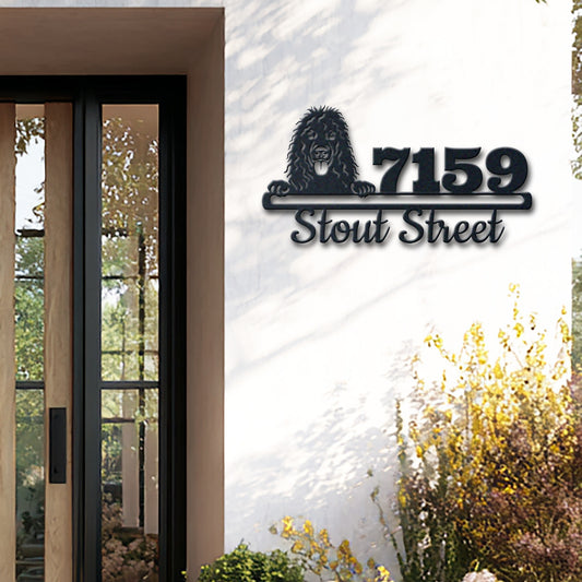 Personalized irish water spaniel address sign with house number and street name in metal - product view 2