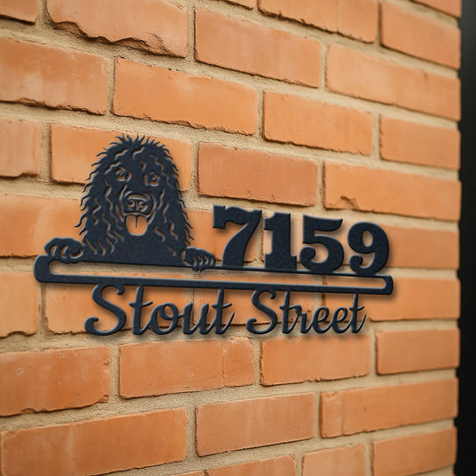 Personalized irish water spaniel address sign with house number and street name in metal - product view 3
