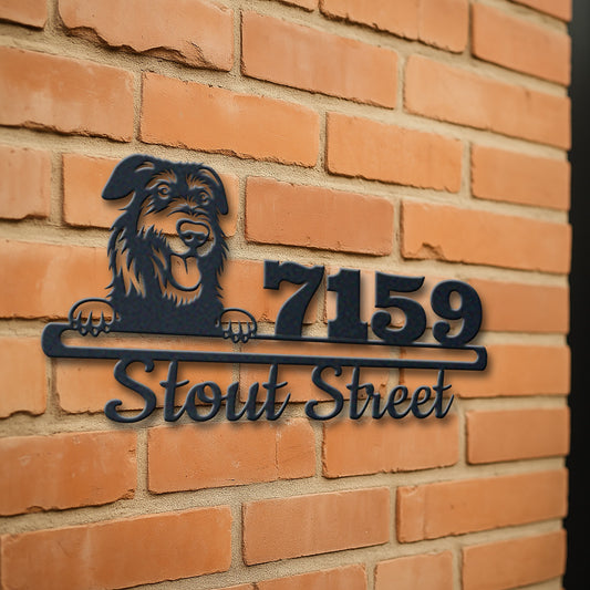 Personalized irish wolfhound address sign with house number and street name in metal - product view 3