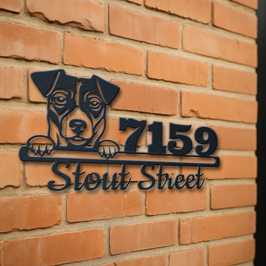 Personalized jack russell address sign with house number and street name in metal - product view 3