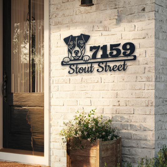 Personalized jack russell address sign with house number and street name in metal - product view 5