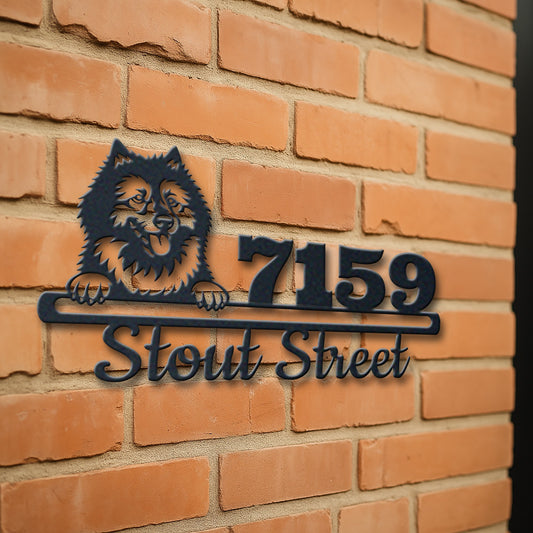 Personalized keeshond address sign with house number and street name in metal - product view 3