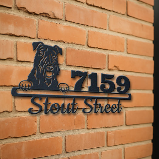 Personalized kerry blue terrier address sign with house number and street name in metal - product view 3