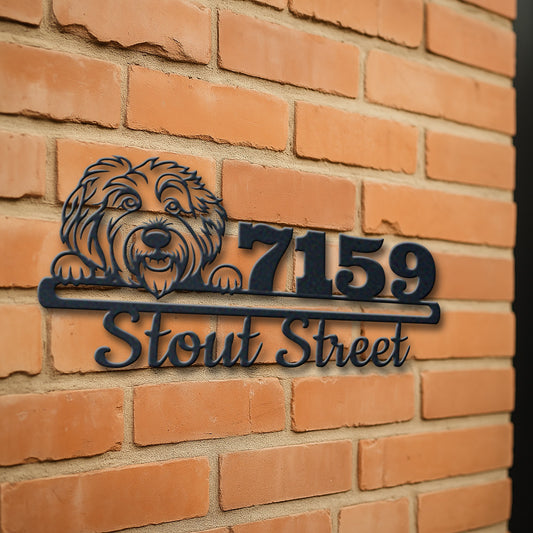 Personalized labradoodle address sign with house number and street name in metal - product view 3