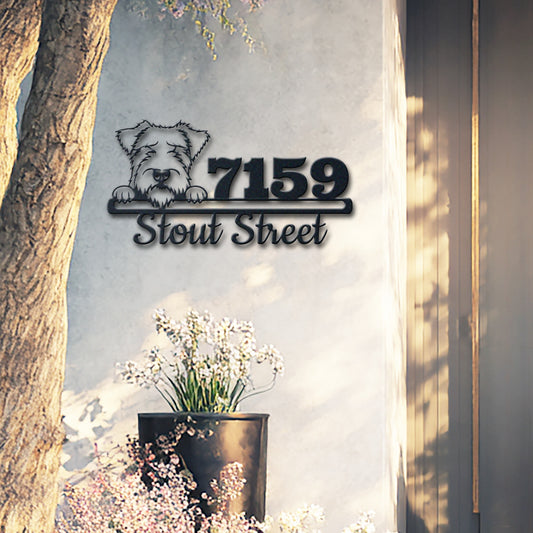 Personalized lakeland terrier address sign with house number and street name in metal