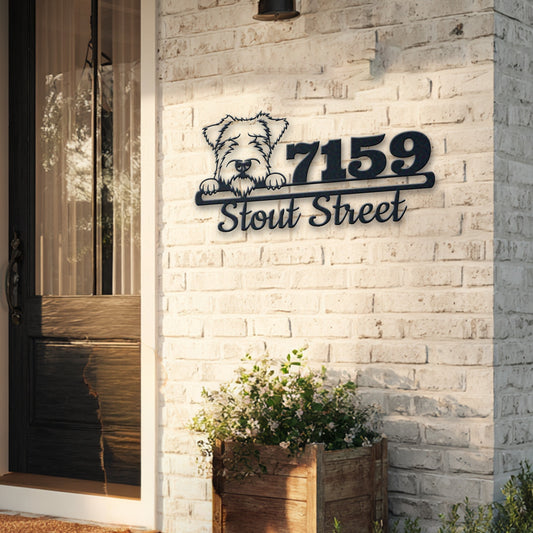 Personalized lakeland terrier address sign with house number and street name in metal - product view 5