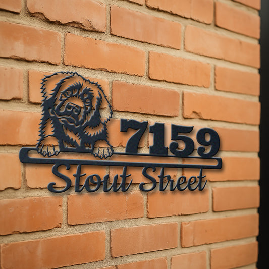 Personalized leonberger address sign with house number and street name in metal - product view 3