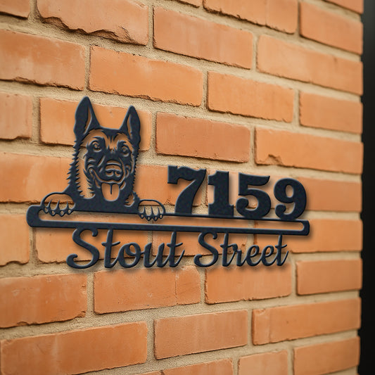 Personalized malinois address sign with house number and street name in metal - product view 3