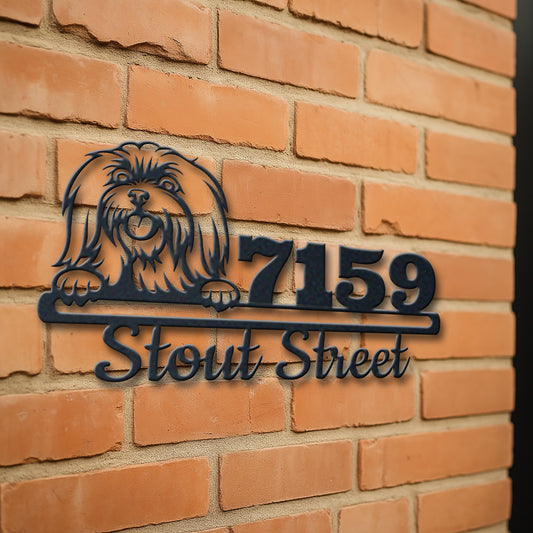 Personalized maltese 2 address sign with house number and street name in metal - product view 3