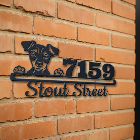 Personalized miniature pinscher address sign with house number and street name in metal - product view 3
