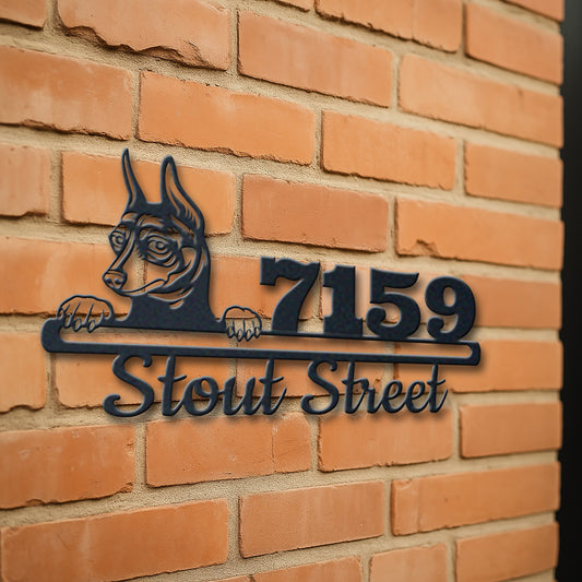 Personalized miniature pinscher address sign with house number and street name in metal - product view 3