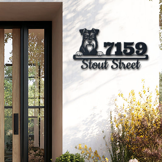 Personalized miniature schnauze address sign with house number and street name in metal - product view 2