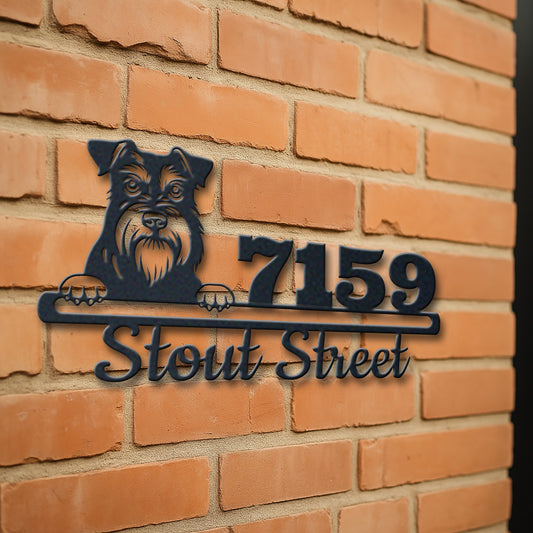 Personalized miniature schnauzer address sign with house number and street name in metal - product view 3