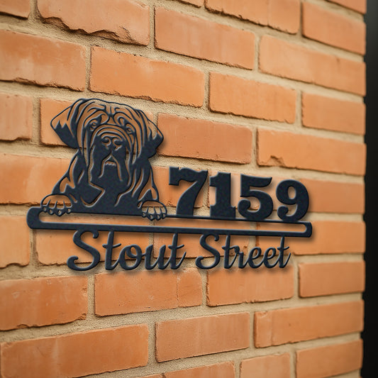 Personalized neapolitan mastiff address sign with house number and street name in metal - product view 3