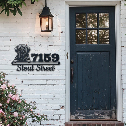 Personalized neapolitan mastiff address sign with house number and street name in metal - product view 6