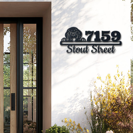 Personalized newfoundland address sign with house number and street name in metal - product view 2