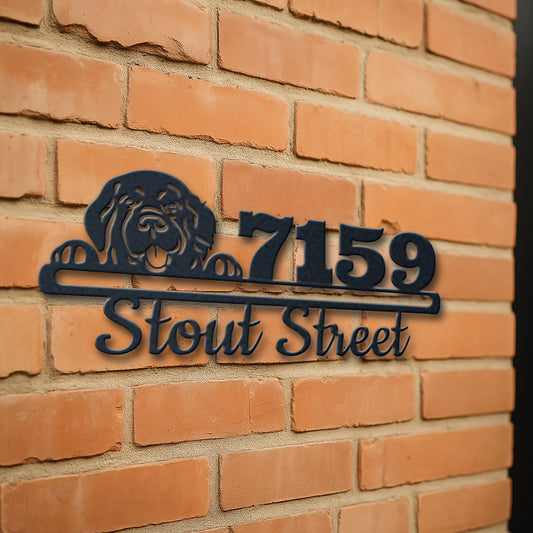 Personalized newfoundland address sign with house number and street name in metal - product view 3